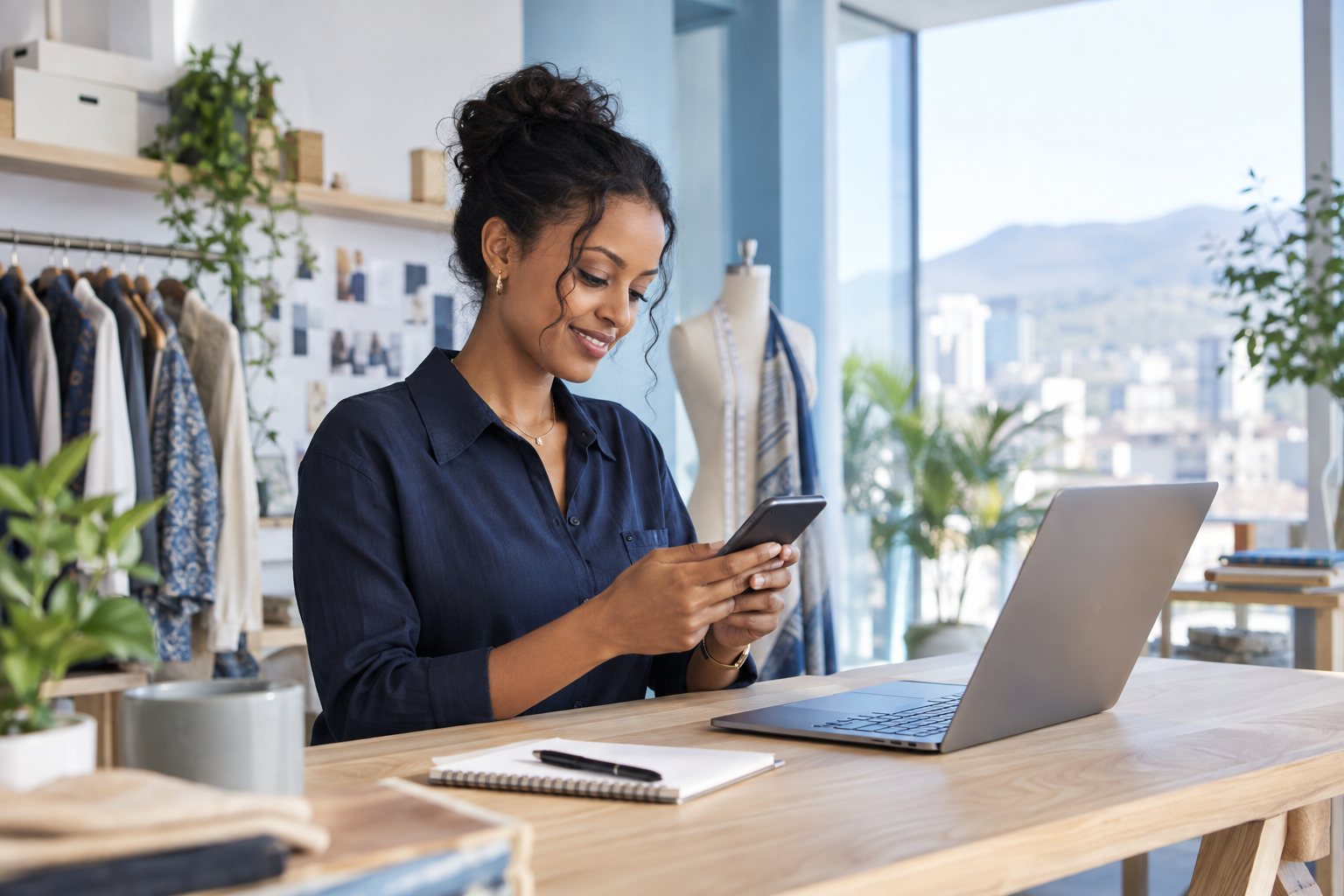 A business owner using a smartphone beside her laptop